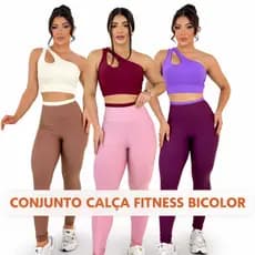 Conjunto calça e top Fitness Feminino Duas Cores Suplex Premium Cintura Alta Zero Transparência Academia
