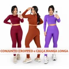 Conjunto Fitness Feminino Cropped e Calça Manga Longa Cintura Alta Não Transparente Academia Fitness