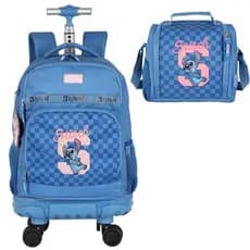 Kit Mochila de Rodinha 360 Stitch Azul Xadrez G + Lancheira
