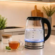 Chaleira Elétrica de Vidro 1,8L com LED Azul e Desligamento Automático Inox Moderna e Prática