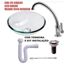 Cuba . Pia de  Banheiro Acrílica Kit Completo Torneira E Válvula Redonda Transp brilhante com acessorios de instalação