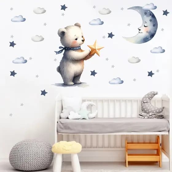 Adesivos de parede Infantil Urso Ursinho Bebê com lua estrelas e nuvens decoração Papel de Parede quartinho criançaAdesivo de parede Infantil Urso Ursinho Bebê lua estrelas e nuvens decoração Papel de Parede quartinho criança