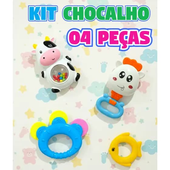 Kit Brinquedo Chocalhos Coloridos Infantil Para Bebê 04 Pçs