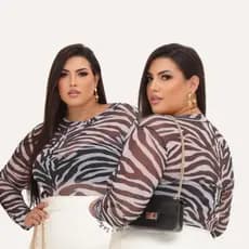 Body Xadrex De Tule Plus Size Com Manga - Até Xg - Animal Print - Bia