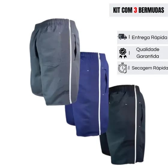 Kit 3 Bermudas tactel masculina 3 bolsos short leve academia praia