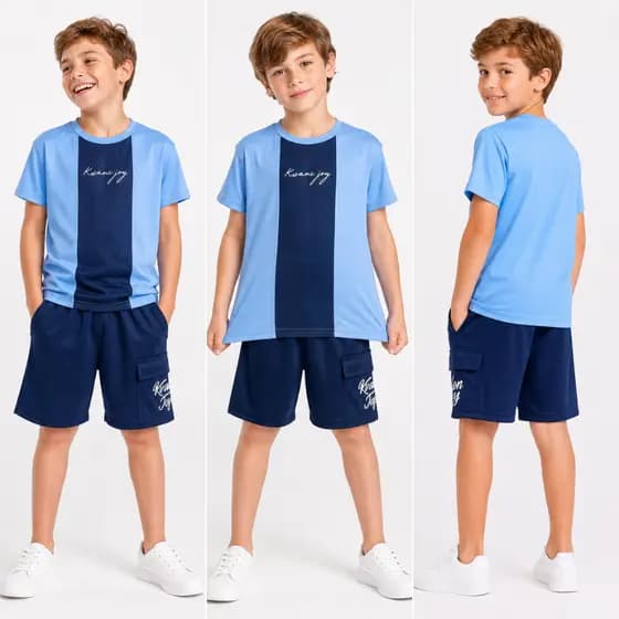 Novo Kit de 2 Peças Verão para Menino Conjunto Camisa de Manga + Bermuda Infantil Masculino Juvenil