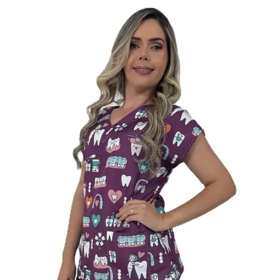 Blusa Scrub Slim Estampada Odontologia - Pijama Cirúrgico Feminino Confortável