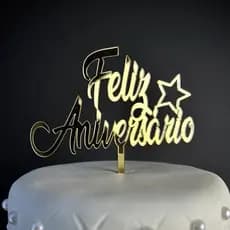 Topo de Bolo Feliz Aniversário 15cm em Acrílico Espelhado Unidades Letreiro