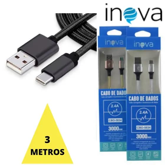 Cabo TIPO C 3 METROS Turbo M31 M51 A21S A80 S22 Cabo TIPO C 2 METROS Turbo Cabo INOVA Cabo Tipo C Usb 2 Metros
