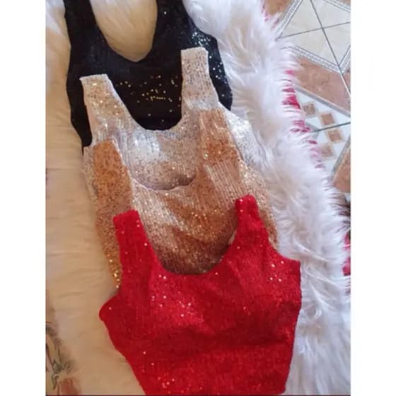Blusa Cropped Regata Regatinha Alcinha Paetê Brilho Simples Bloguerinha