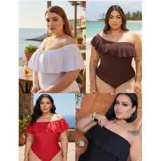 Body Feminino Plus Size Ombro a Ombro com Babado | Maiô Modelador Elegante Praia Verão