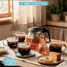 Chaleira De Vidro 1L Com Infusor + 4 Xícaras 150ml Kit Chá