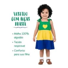 Vestido Brasil de malha para bebê de 3 meses a meninas de 5 anos confortável modelo princesa
