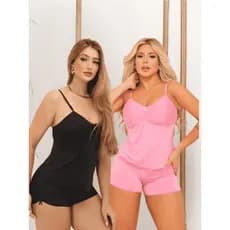Kit Short Doll Feminino Liso Liganete Regulável sem Bojo Pijamas  Conforto e Estilo Simples Nó borboleta CONFORT
