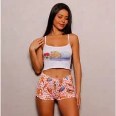 Kit Pijamas Feminino Estampado de Verão em Sued Croped Sem Bojo com Shorts Confortável CONFORT