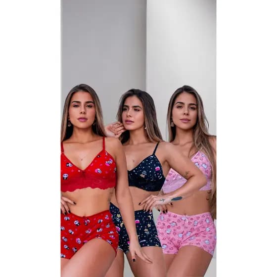 Kit Short Doll Lara Estampado Suede sem Bojo com Regulagem nas Alças CONFORT