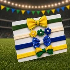 Kit 4 Laços Infantil Bebê Tema Verde e Amarelo Torcida Faixas Cabelo Tiara