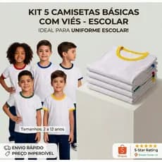 kit 5 Camiseta Infantil/Juvenil Unissex Branca Lisa Escolar 100% Poliéster