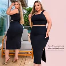 Conjunto Feminino Saia Plus Size Midi Com Fenda Lateral Alça Larga Curta até 54
