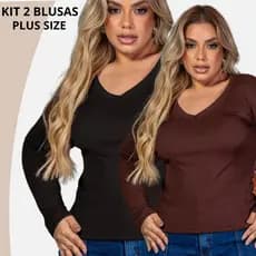 Kit 2 Blusa Feminina Manga Longa Plus Size Roupas Femininas Blusinha Estilosa Gola V