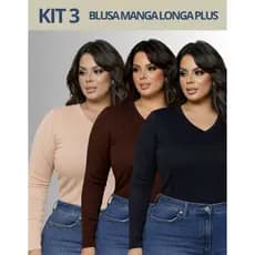 Kit 3 Blusa Plus Size Segunda Pele Feminina Manga Longa Gola V Justa Moda Inverno Oferta