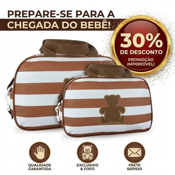Kit Bolsa Saída Maternidade 2 Peças Urso Impermeável Grande + Média Bebê Passeio Frasqueira