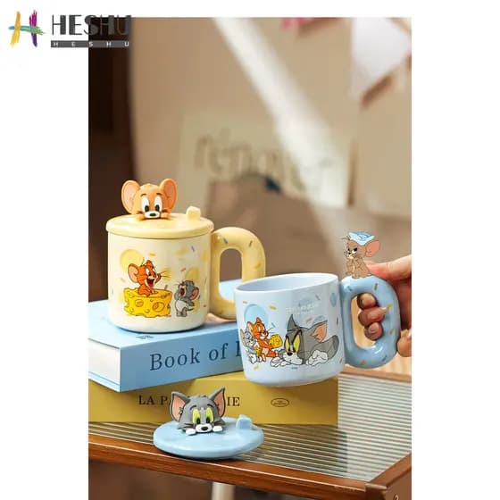 [Frete grátis] Copo de água Copo térmico Copo de café Caneca fofa de desenho animado Copo de água Caneca de gato e rato