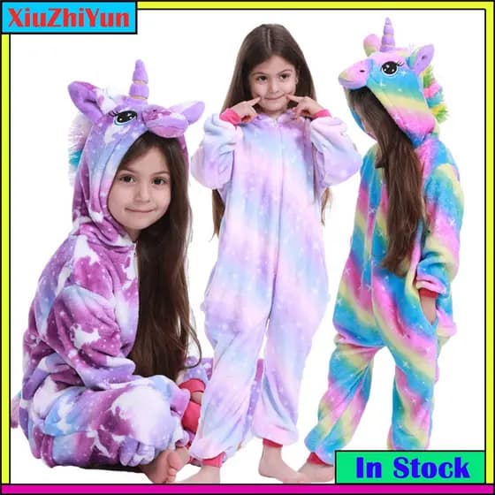 Pijama De Inverno Para Crianças Ponto Unicórnio Meninas Meninos Kigurumi Animal Onesies Jumpsuit