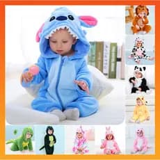Kigurumi Dinossauro Fofo Pikachu Stitch Rabbit Cartoon Romper Baby Recém-Nascido Roupas De Flanela Infantil Pijama Onesies