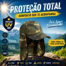Boné com Proteção de Nuca UV Camuflado Ideal para Pesca, Camping e Safari