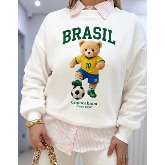 Moletom Feminino do Brasil Polo Bear Urso Premium Estiloso Tendência Copa Gola Redonda  Careca
