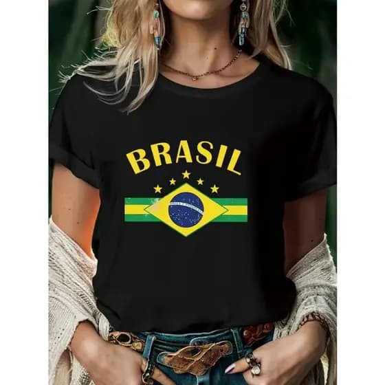 Camiseta Feminina T-Shirt Estampa do Brasil Faixa Confortável