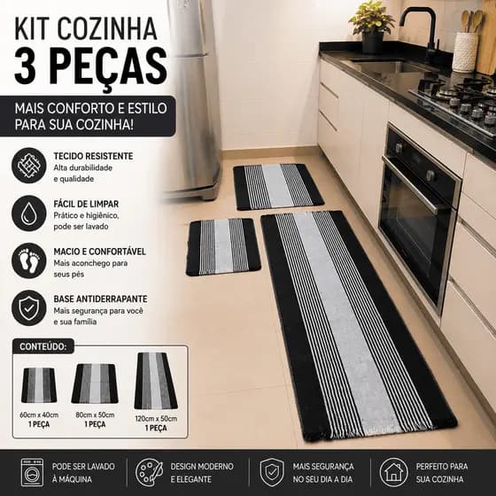 Kit De Tapete de Cozinha 3 Peças  Passadeira 100cm x40 cm + 2 Tapetes 40x60 cm