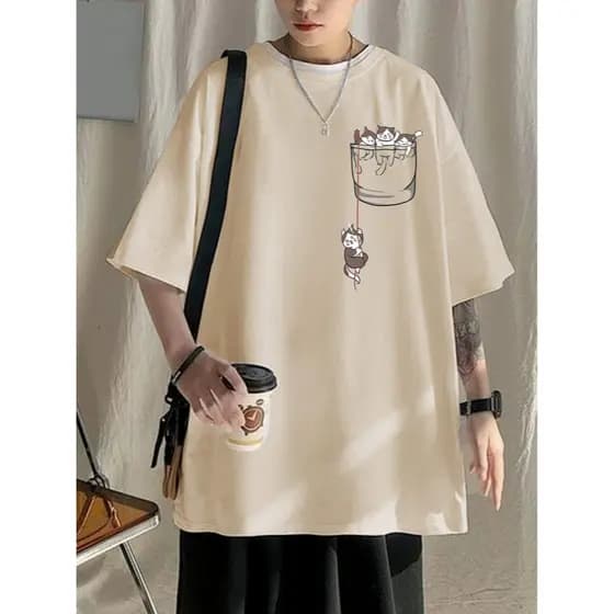 Camiseta Gatinhos No Copo Oversized Streetwear Ombro Caido Unissex Top