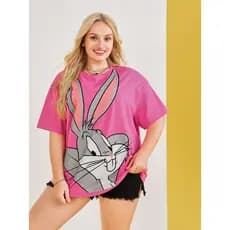 Camiseta Pernalonga Estampada Personagem Desenho Animado Looney Tunes Oversized Mango Curta