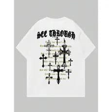 Camiseta See Through Cruz Gótica Letras Geométricas Oversized Life Style
