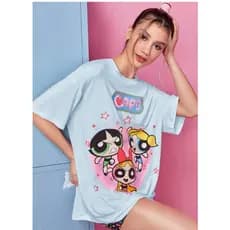 Camiseta Meninas Super Poderosas Oversized Feminino Manga Curta Cartoon Básica Trend
