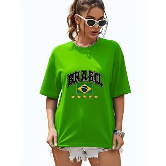 Camiseta Oversized Feminina Estampada Brasil Copa Futebol Soltinha Estilosa Unissex Confortável
