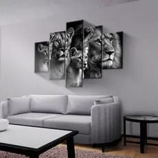 Quadros Decorativos Leão Familia 3 Filhotes 5 Peças Mosaico Sala Quarto Escritório Hall