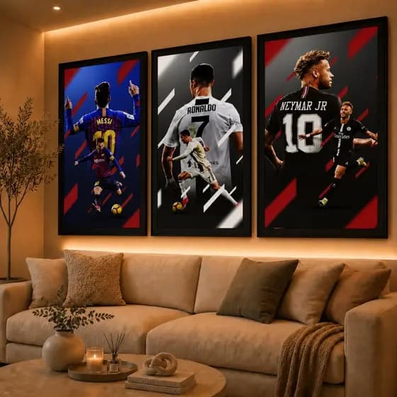 Quadros Decorativos Neymar Messi Cristiano Ronaldo Futebol Mosaico Sala Quarto Escritório