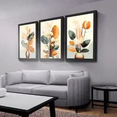 Quadros Decorativos Jarros Folhagem Bege Folhas Verdes 3 Peças Mosaico Sala Quarto Escritório