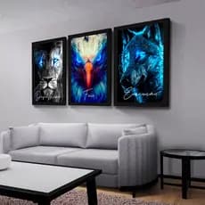 Quadros Decorativos Leão Lobo Águia Motivacional Azul 3 Peças Mosaico Sala Quarto Escritório Hall