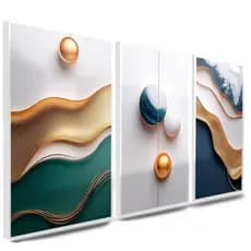 Quadros Decorativos Abstrato Aquerela Gold 3 Peças Mosaico Sala Quarto Escritório Hall