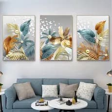 Quadros Decorativos Abstratos com Ouro, Borboletas e Folhas – Perfeito para Sala