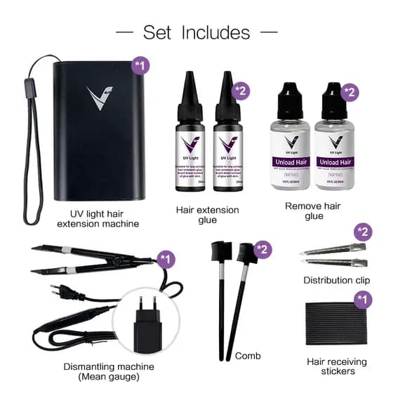 Kit V-Light Mega Hair Fio a Fio + Cola UV Invisível | Fixação 5min + Máquina, LED e Alicate | Full Hair  Volume Instantâ