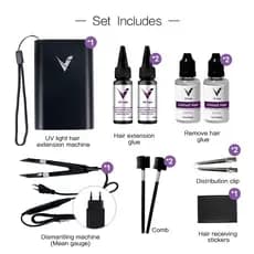 Kit V-Light Mega Hair Fio a Fio + Cola UV Invisível | Fixação 5min + Máquina, LED e Alicate | Full Hair  Volume Instantâ