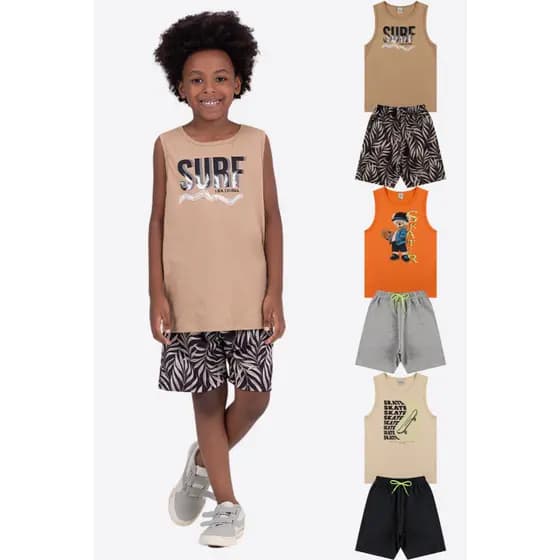 Kit 6 Peças de Roupas Infantis Skate Menino Verão- 3 Camisetas + 3 Shorts