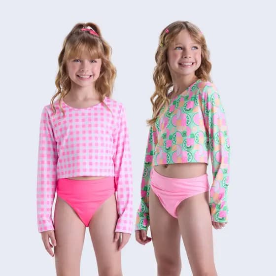 Conjunto Praia Manga Longa UV50+ Xadrez e Frutinhas
