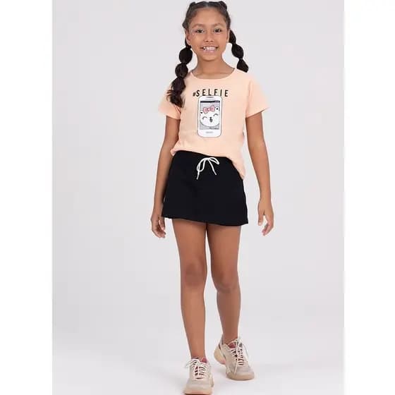Conjunto Infantil Menina Shorts Saia Selfie Salmão