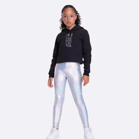 Conjunto Moletom Infantil Cropped e Calça Holográfica Preto